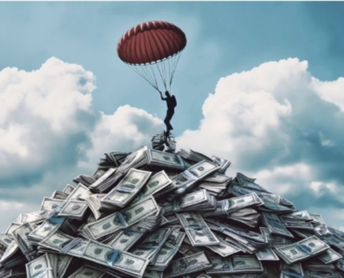 an image of a parachutist landing on a mountain of dollar bills