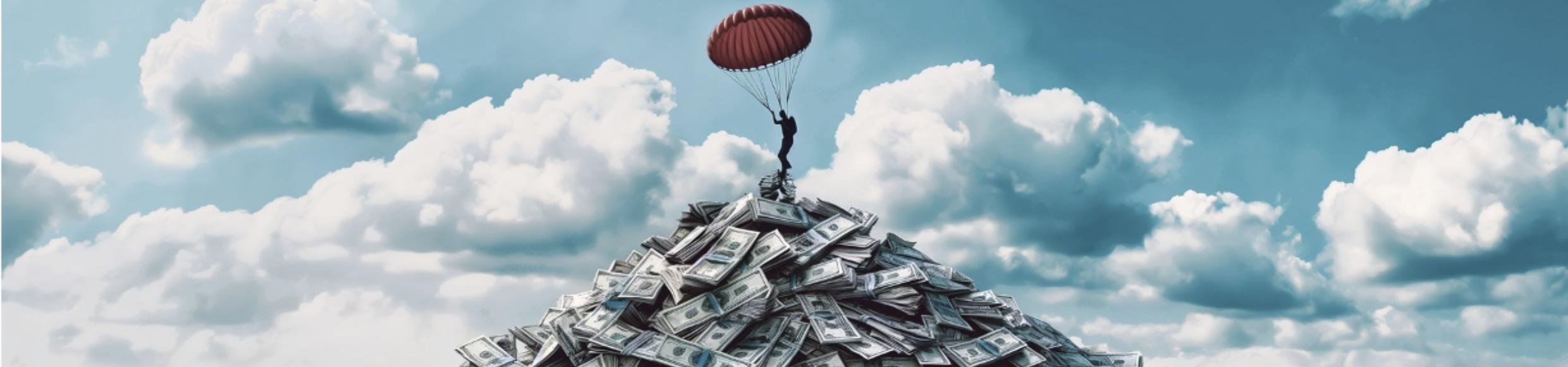 an image of a parachutist landing on a mountain of dollar bills