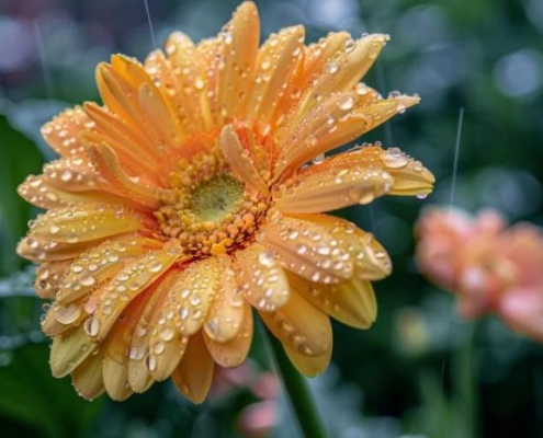 Image of a yellow flower in the rain