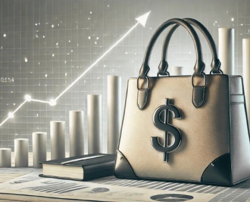 Image of a purse with a dollar sign on it in front of a graphic representing increasing numbers on a graph