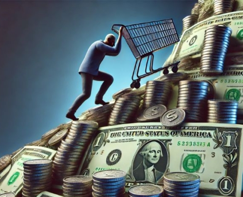 Graphic of a man pushing a shopping cart up a mountain of money