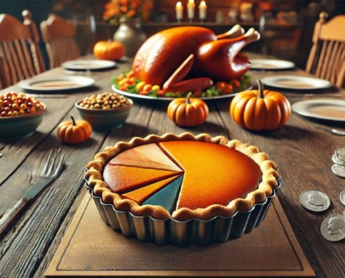 Image of Thanksgiving food on a table with cash and coins