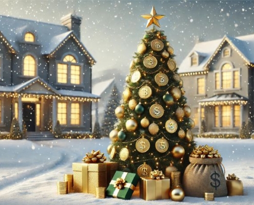 Graphic image of a Christmas tree with gifts and ornaments with dollar signs